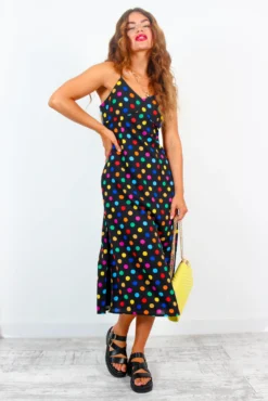 Good Without You - Black Multi Spot Satin Cami Midi Dress 7 Good Without You - Black Multi Spot Satin Cami Midi Dress -Glamoros Clothing Shop GoodWithoutYou BlackMultiSpotSatinCamiMidiDress 3