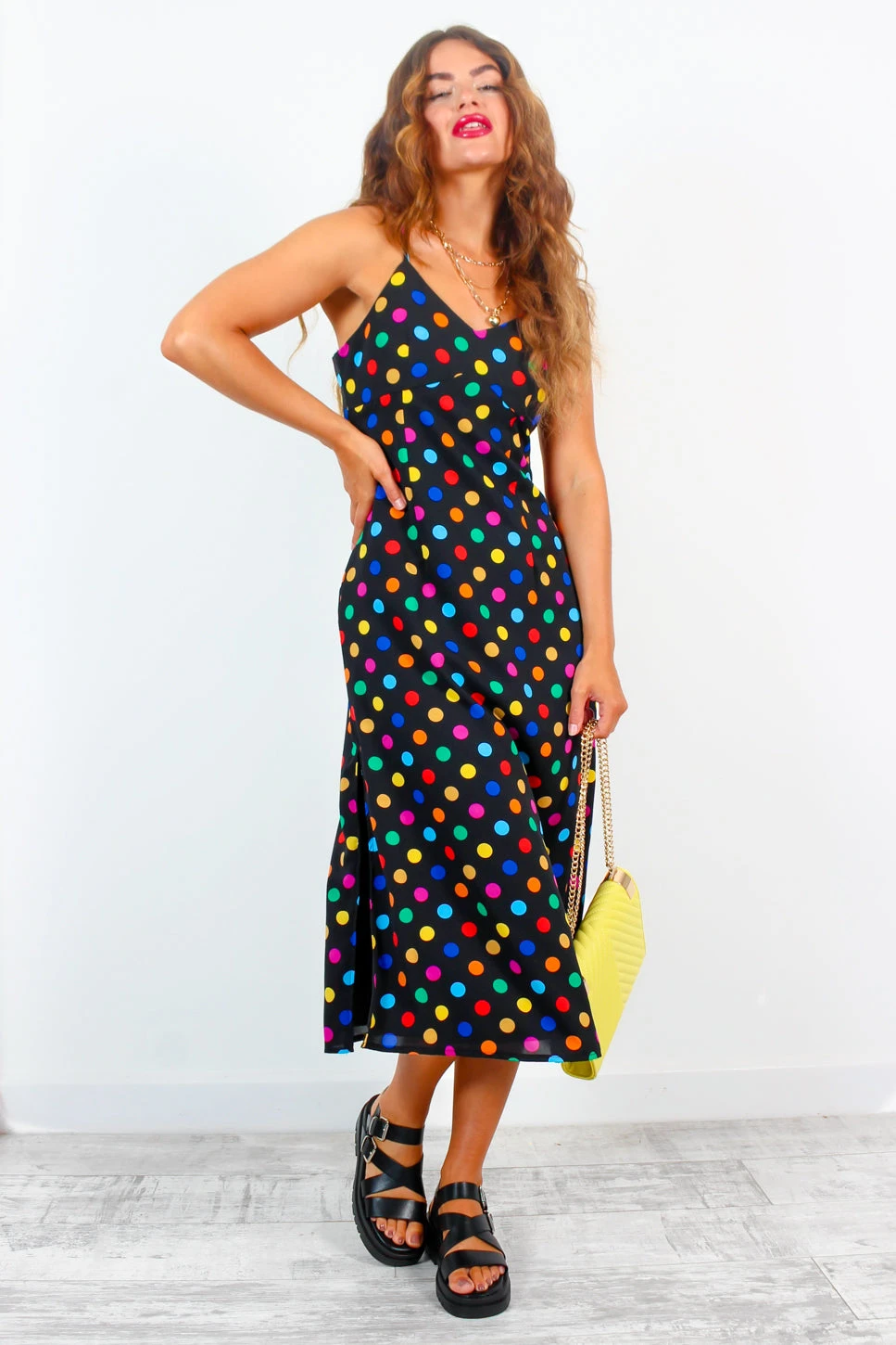 Good Without You - Black Multi Spot Satin Cami Midi Dress 3 Good Without You - Black Multi Spot Satin Cami Midi Dress - Image 3