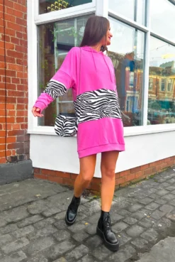 Liquorish Got A Hood Feeling - Pink Zebra Panel Oversized Sweatshirt Dress -Glamoros Clothing Shop Got A Hood Feeling Pink Zebra Panel Oversized Sweatshirt Dress1