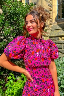 Got The Flower - Fuchsia Orange Leopard Print Midi Dress