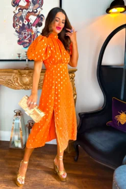 Got The Flower - Orange Gold Foil Midi Dress -Glamoros Clothing Shop Got The Flower Orange Gold Foil Midi Dress 1