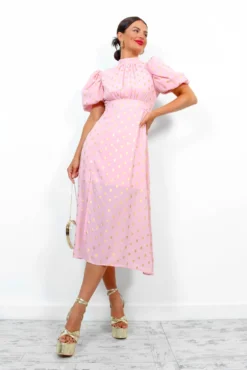 Got The Flower - Blush Gold Foil Printed Midi Dress -Glamoros Clothing Shop GotTheFlower BlushGoldFoilPrintedMidiDress 2