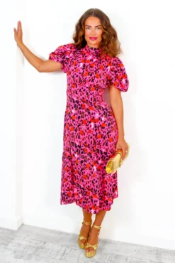 Got The Flower - Fuchsia Orange Leopard Print Midi Dress -Glamoros Clothing Shop GotTheFlower FuchsiaOrangeLeopardPrintMidiDress 4 2