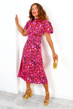 Got The Flower - Fuchsia Orange Leopard Print Midi Dress -Glamoros Clothing Shop GotTheFlower FuchsiaOrangeLeopardPrintMidiDress 5 2