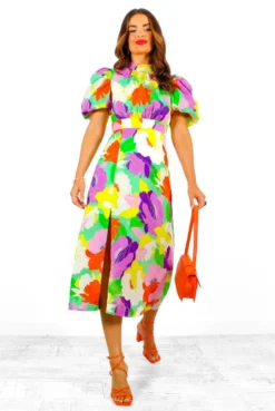 Got The Flower - Green Purple Multi Floral Print Midi Dress -Glamoros Clothing Shop GotTheFlower GreenPurpleMultiFloralPrintMidiDress 1