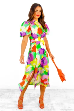 Got The Flower - Green Purple Multi Floral Print Midi Dress -Glamoros Clothing Shop GotTheFlower GreenPurpleMultiFloralPrintMidiDress 3