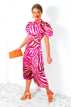 Got The Flower - Magenta Zebra Print Satin Midi Dress -Glamoros Clothing Shop GotTheFlower MagentaZebraPrintSatinMidiDress 1