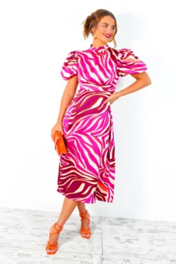 Got The Flower - Magenta Zebra Print Satin Midi Dress -Glamoros Clothing Shop GotTheFlower MagentaZebraPrintSatinMidiDress 2