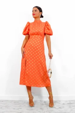Got The Flower - Orange Gold Foil Midi Dress -Glamoros Clothing Shop GotTheFlower OrangeGoldFoilMidiDress 1