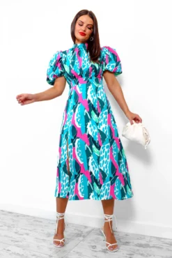 Got The Flower - Turquoise Fuchsia Abstract Midi Dress -Glamoros Clothing Shop GotTheFlower TurquoiseFuchsiaAbstractMidiDress 3