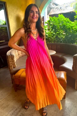 Gotta Let Go - Pink Orange Ombre Pleated Satin Maxi Dress
