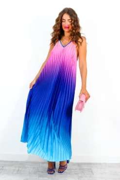 Gotta Let Go - Blue Pink Ombre Pleated Satin Maxi Dress -Glamoros Clothing Shop GottaLetGo BluePinkOmbrePleatedSatinMaxiDress 1