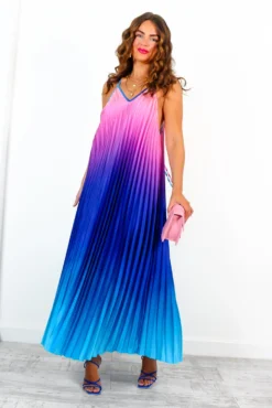 Gotta Let Go - Blue Pink Ombre Pleated Satin Maxi Dress -Glamoros Clothing Shop GottaLetGo BluePinkOmbrePleatedSatinMaxiDress 3