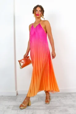 Gotta Let Go - Pink Orange Ombre Pleated Satin Maxi Dress 9 Gotta Let Go - Pink Orange Ombre Pleated Satin Maxi Dress -Glamoros Clothing Shop GottaLetGo PinkOrangeOmbrePleatedSatinMaxiDress