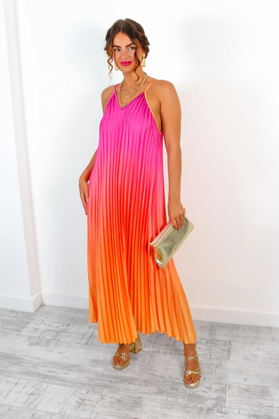 Gotta Let Go - Pink Orange Ombre Pleated Satin Maxi Dress 2 Gotta Let Go - Pink Orange Ombre Pleated Satin Maxi Dress - Image 2