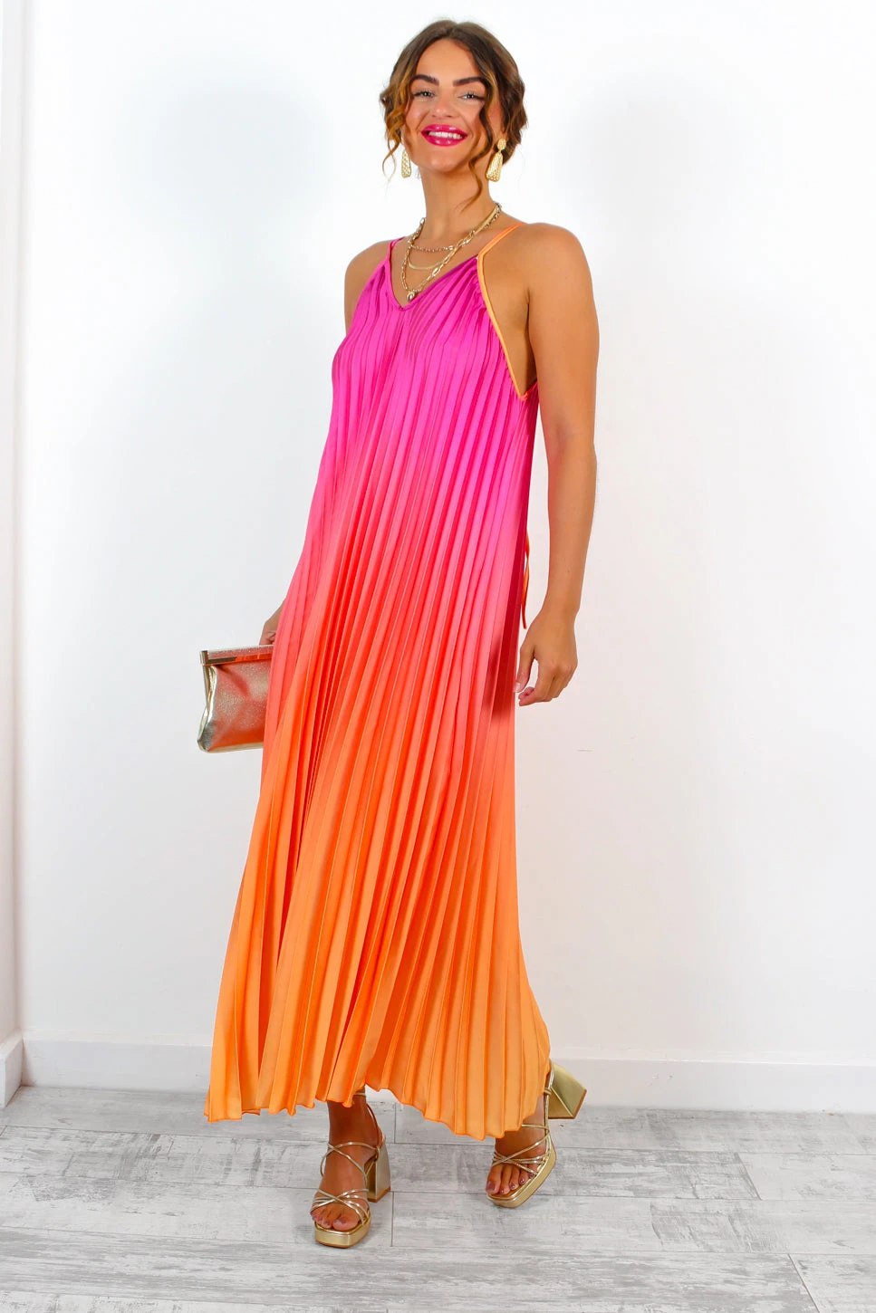 Gotta Let Go - Pink Orange Ombre Pleated Satin Maxi Dress 4 Gotta Let Go - Pink Orange Ombre Pleated Satin Maxi Dress - Image 4