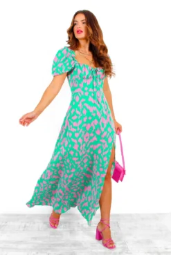 Happier Than Ever - Green Pink Animal Print Milkmaid Maxi Dress -Glamoros Clothing Shop HappierThanEver GreenPinkAnimalPrintMilkmaidMaxiDress2