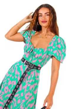 Happier Than Ever - Green Pink Animal Print Milkmaid Maxi Dress -Glamoros Clothing Shop HappierThanEver GreenPinkAnimalPrintMilkmaidMaxiDress4