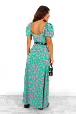 Happier Than Ever - Green Pink Animal Print Milkmaid Maxi Dress -Glamoros Clothing Shop HappierThanEver GreenPinkAnimalPrintMilkmaidMaxiDress6