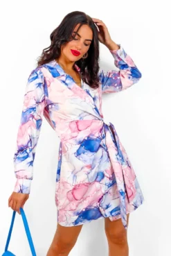 Catwalk Heart Of Stone - Pink Blue Marble Print Mini Wrap Dress 8 Catwalk Heart Of Stone - Pink Blue Marble Print Mini Wrap Dress -Glamoros Clothing Shop HeartOfStone PinkBlueMarblePrintMiniWrapDress4