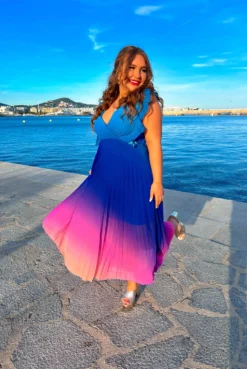 Mamma Mia - Blue Pink Ombre Pleated Maxi Dress