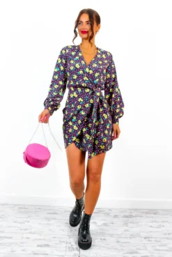 Glamorous No Second Chances - Black Multi Rose Mini Wrap Dress