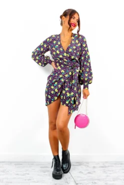 Glamorous No Second Chances - Black Multi Rose Mini Wrap Dress -Glamoros Clothing Shop IMG 3160