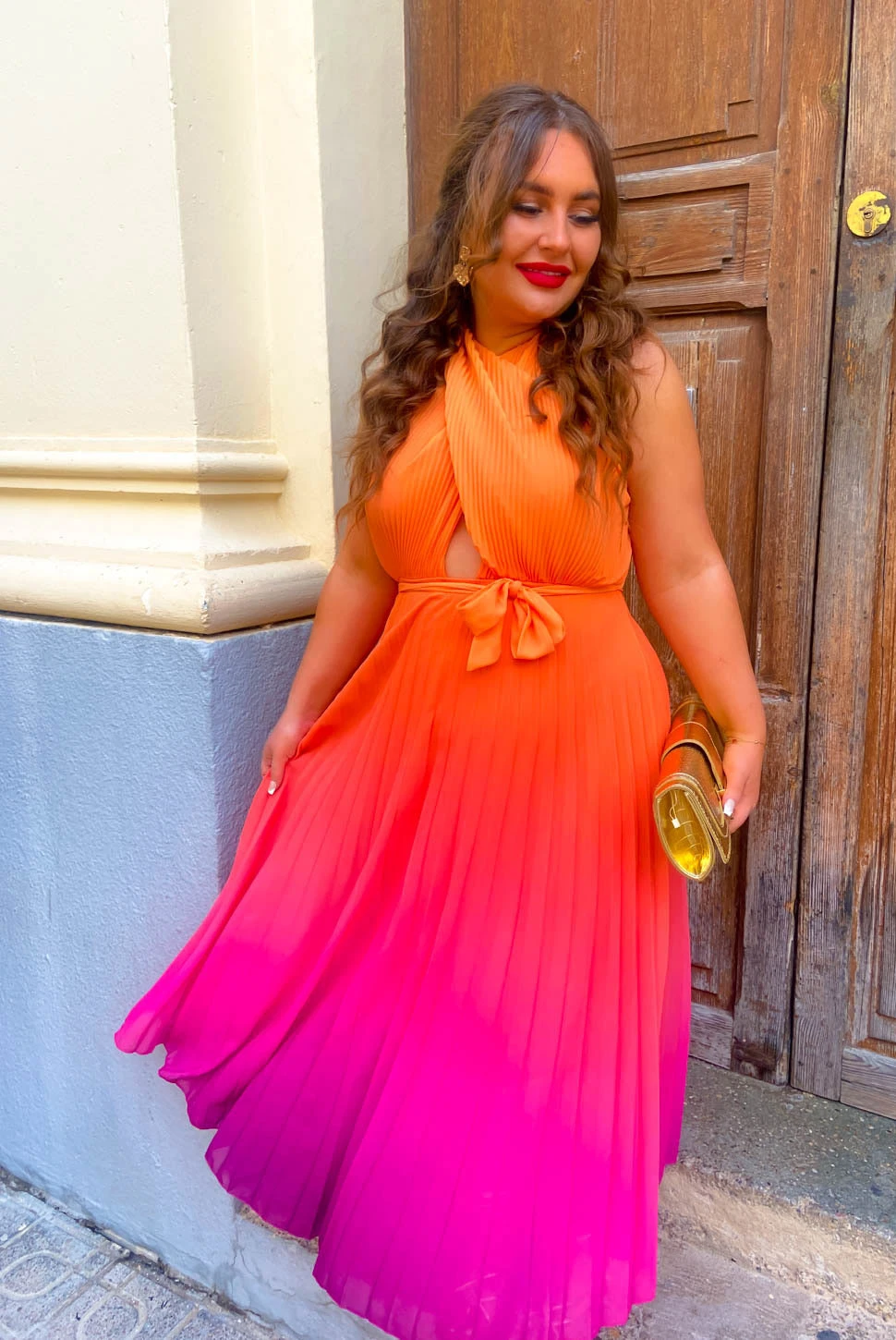 Artemis - Pink Orange Ombre Cross-Over Pleated Maxi Dress 1 Artemis - Pink Orange Ombre Cross-Over Pleated Maxi Dress