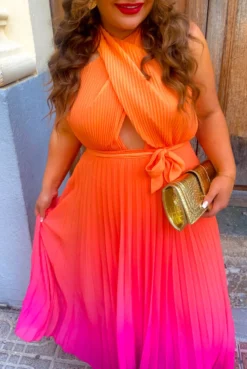 Artemis - Pink Orange Ombre Cross-Over Pleated Maxi Dress 10 Artemis - Pink Orange Ombre Cross-Over Pleated Maxi Dress -Glamoros Clothing Shop IMG 9455