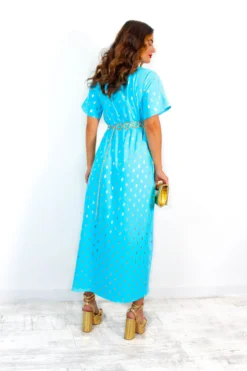 Out Your League - Turquoise Gold Foil Spot Midi Dress -Glamoros Clothing Shop IMG 9855 scaled