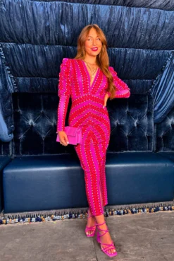 I'd Want To Be Me Too - Pink Red Print Plunge Ruched Midi Dress -Glamoros Clothing Shop I d Want To Be Me Too Pink Red Print Plunge Ruched Midi Dress 1