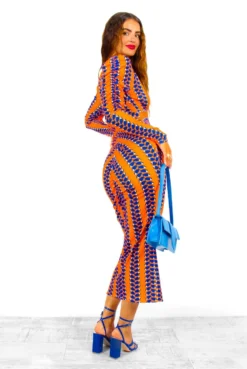 Id Want To Be Me Too - Orange Cobalt Print Plunge Ruched Midi Dress -Glamoros Clothing Shop I dWantToBeMeToo OrangeCobaltPrintPlungeRuchedMidiDress 3