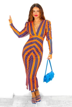 Id Want To Be Me Too - Orange Cobalt Print Plunge Ruched Midi Dress -Glamoros Clothing Shop I dWantToBeMeToo OrangeCobaltPrintPlungeRuchedMidiDress 4