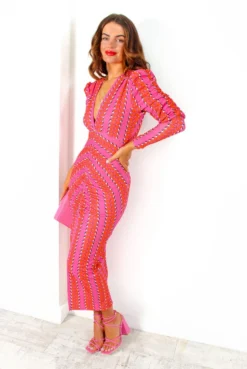 I'd Want To Be Me Too - Pink Red Print Plunge Ruched Midi Dress -Glamoros Clothing Shop I dWantToBeMeToo PinkRedPrintPlungeRuchedMidiDress 1