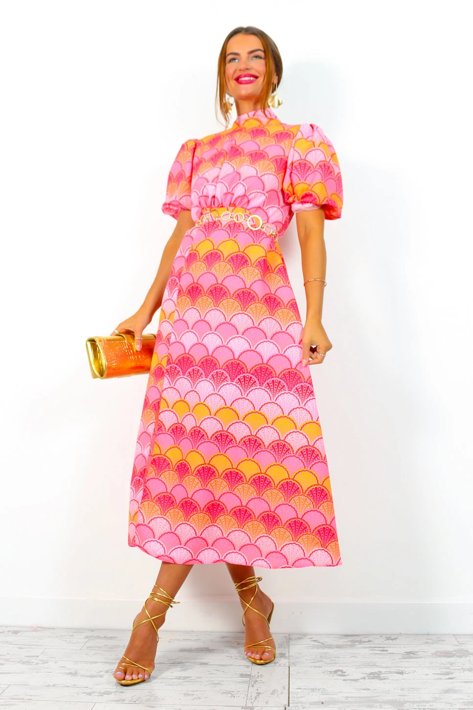 If I Were You - Pink Orange Shell Print Puff Sleeve Midi Dress 4 If I Were You - Pink Orange Shell Print Puff Sleeve Midi Dress - Image 4