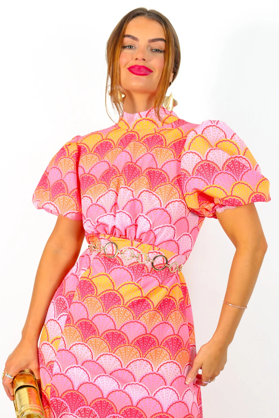 If I Were You - Pink Orange Shell Print Puff Sleeve Midi Dress 3 If I Were You - Pink Orange Shell Print Puff Sleeve Midi Dress - Image 3