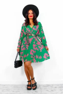 Imagine Me - Green Pink Floral Pleated Mini Dress -Glamoros Clothing Shop ImagineMe GreenPinkFloralPleatedMiniDress1