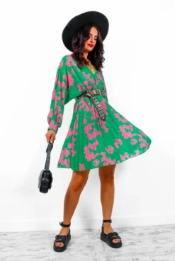 Imagine Me - Green Pink Floral Pleated Mini Dress -Glamoros Clothing Shop ImagineMe GreenPinkFloralPleatedMiniDress2