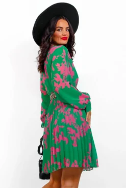 Imagine Me - Green Pink Floral Pleated Mini Dress -Glamoros Clothing Shop ImagineMe GreenPinkFloralPleatedMiniDress5