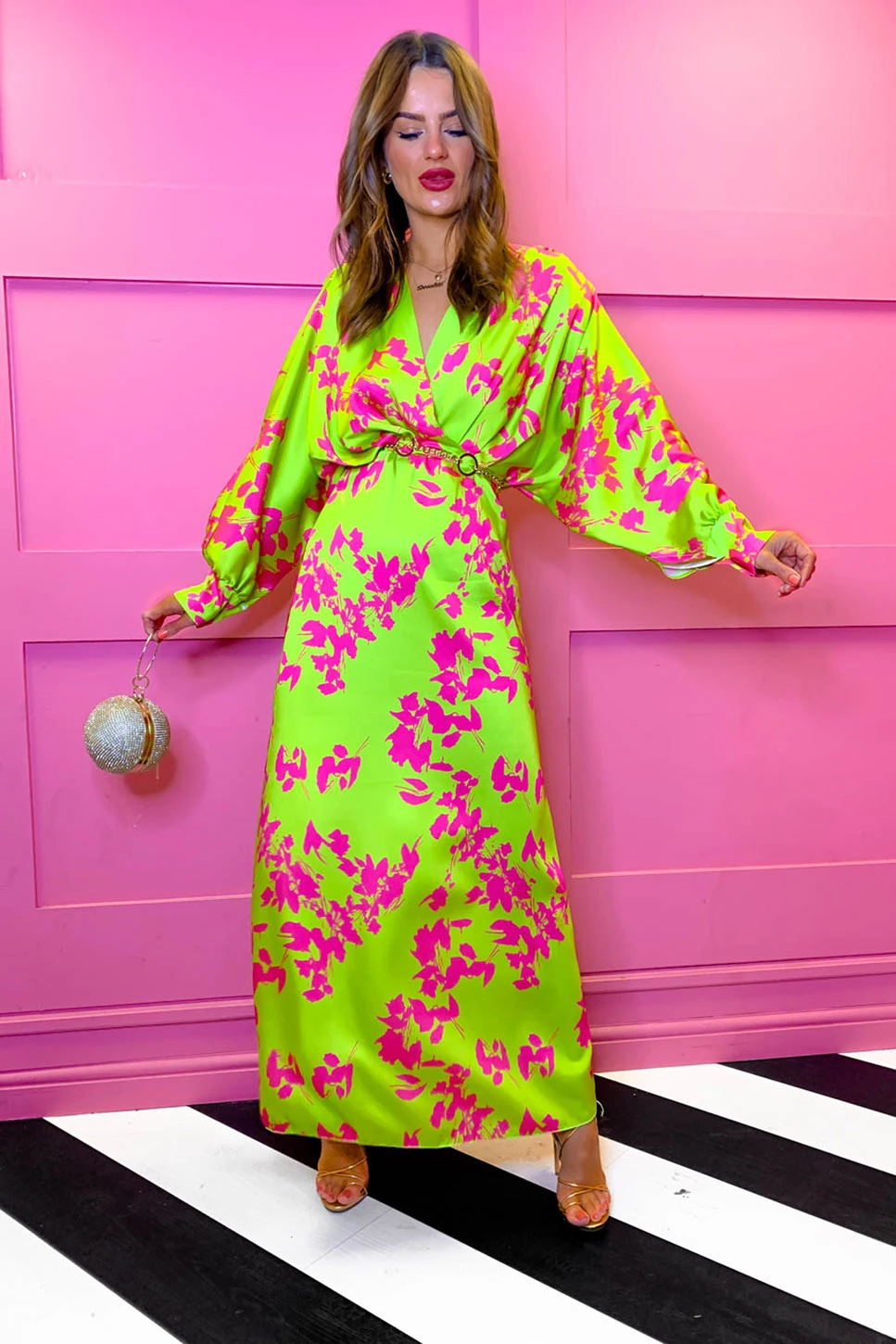 In My Imagination - Lime Pink Floral Batwing Midi Dress 1 In My Imagination - Lime Pink Floral Batwing Midi Dress