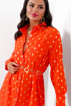 In My Feelings - Orange Gold Foil Maxi Shirt Dress 17 In My Feelings - Orange Gold Foil Maxi Shirt Dress -Glamoros Clothing Shop InMyFeelings OrangeGoldFoilMaxiShirtDress1