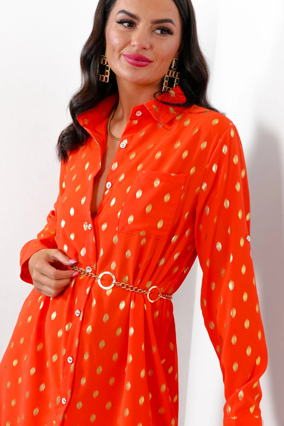 In My Feelings - Orange Gold Foil Maxi Shirt Dress 9 In My Feelings - Orange Gold Foil Maxi Shirt Dress - Image 9