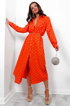 In My Feelings - Orange Gold Foil Maxi Shirt Dress 11 In My Feelings - Orange Gold Foil Maxi Shirt Dress -Glamoros Clothing Shop InMyFeelings OrangeGoldFoilMaxiShirtDress2
