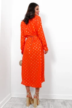 In My Feelings - Orange Gold Foil Maxi Shirt Dress 13 In My Feelings - Orange Gold Foil Maxi Shirt Dress -Glamoros Clothing Shop InMyFeelings OrangeGoldFoilMaxiShirtDress3