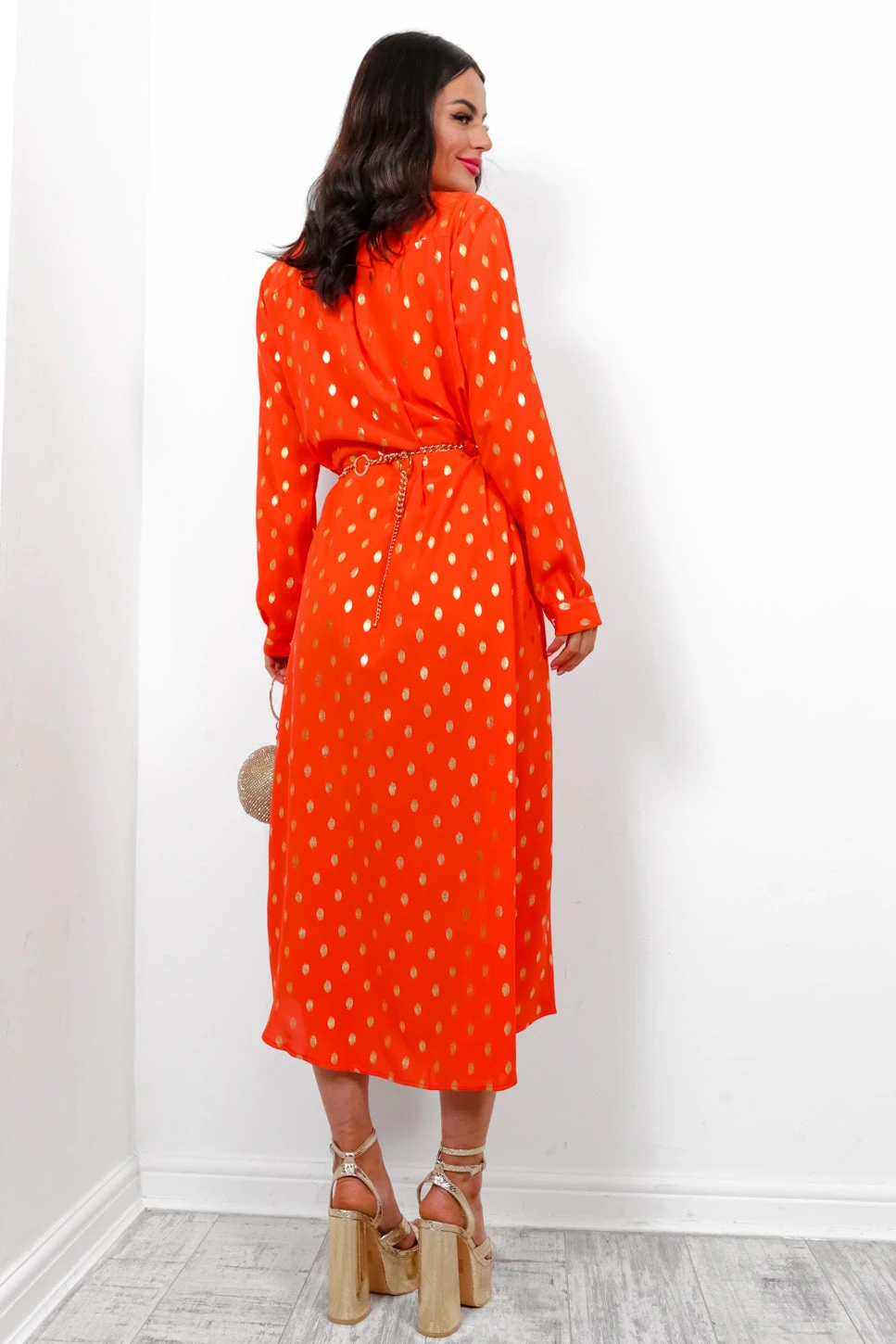 In My Feelings - Orange Gold Foil Maxi Shirt Dress 5 In My Feelings - Orange Gold Foil Maxi Shirt Dress - Image 5