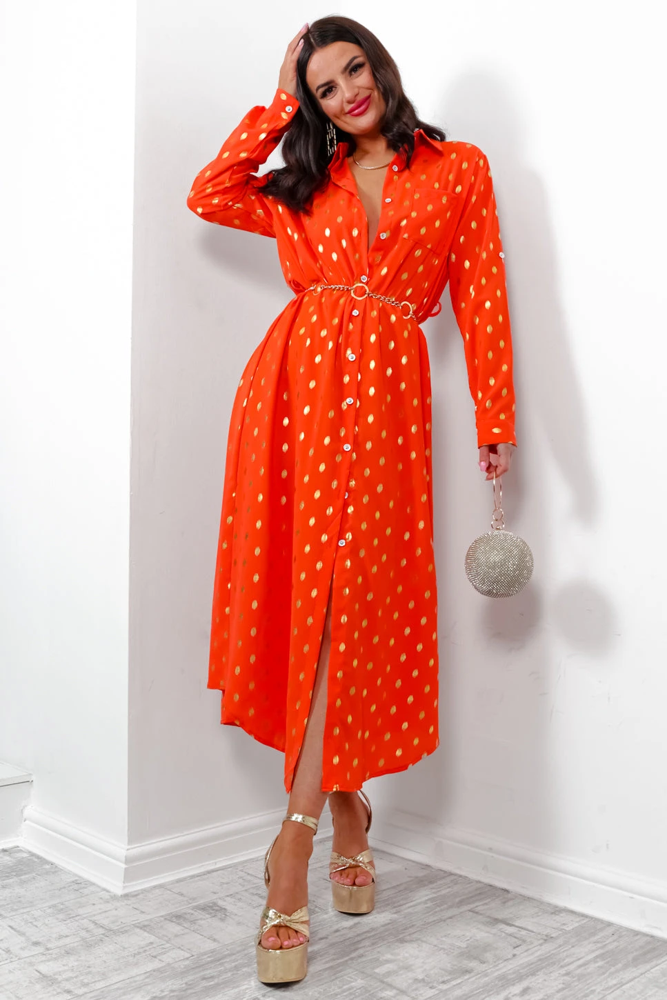 In My Feelings - Orange Gold Foil Maxi Shirt Dress 2 In My Feelings - Orange Gold Foil Maxi Shirt Dress - Image 2