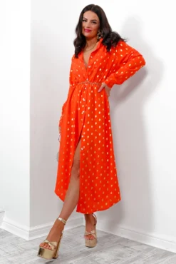 In My Feelings - Orange Gold Foil Maxi Shirt Dress 14 In My Feelings - Orange Gold Foil Maxi Shirt Dress -Glamoros Clothing Shop InMyFeelings OrangeGoldFoilMaxiShirtDress5