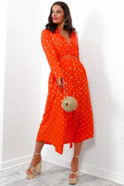 In My Feelings - Orange Gold Foil Maxi Shirt Dress 15 In My Feelings - Orange Gold Foil Maxi Shirt Dress -Glamoros Clothing Shop InMyFeelings OrangeGoldFoilMaxiShirtDress6