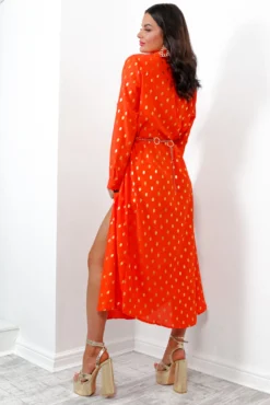 In My Feelings - Orange Gold Foil Maxi Shirt Dress 16 In My Feelings - Orange Gold Foil Maxi Shirt Dress -Glamoros Clothing Shop InMyFeelings OrangeGoldFoilMaxiShirtDress7