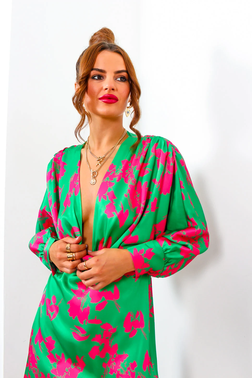 In My Imagination - Green Pink Floral Batwing Midi Dress 3 In My Imagination - Green Pink Floral Batwing Midi Dress - Image 3